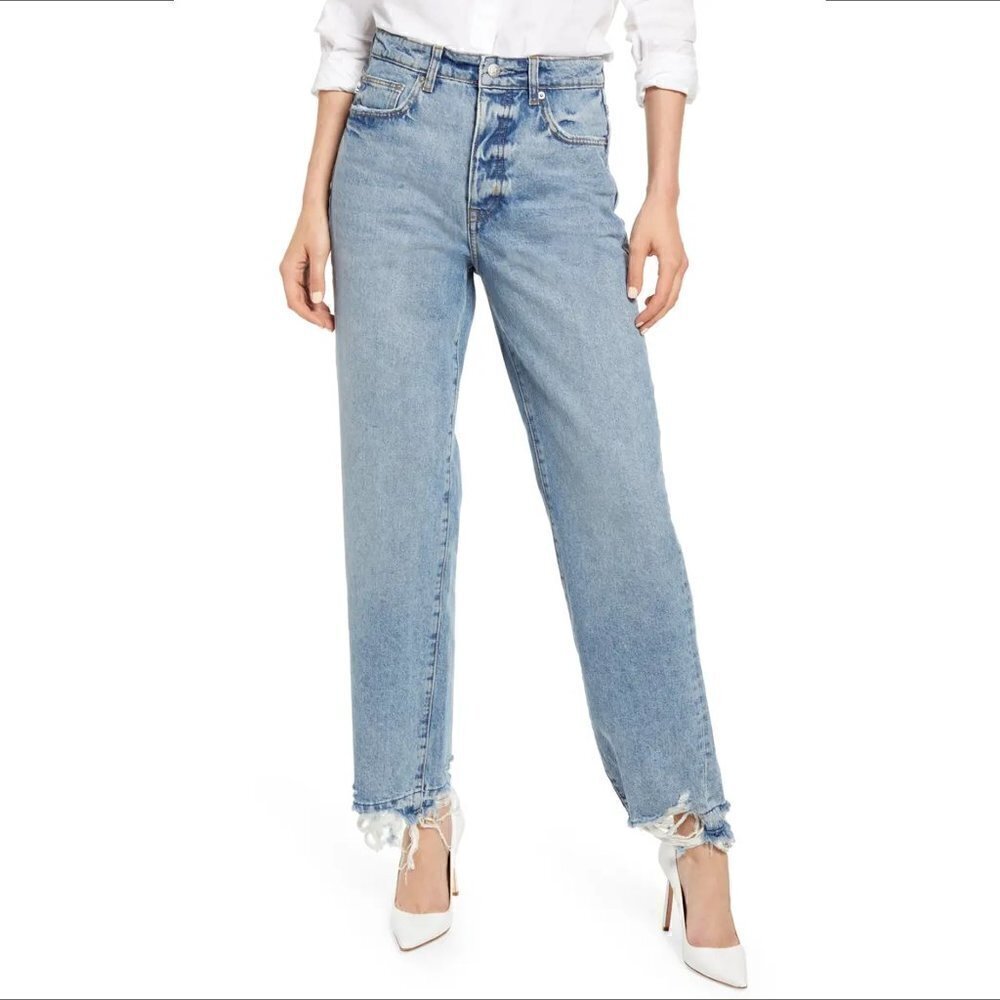 Lovers and Friends Ryan high rise straight jeans Cascade raw hem distress new 30